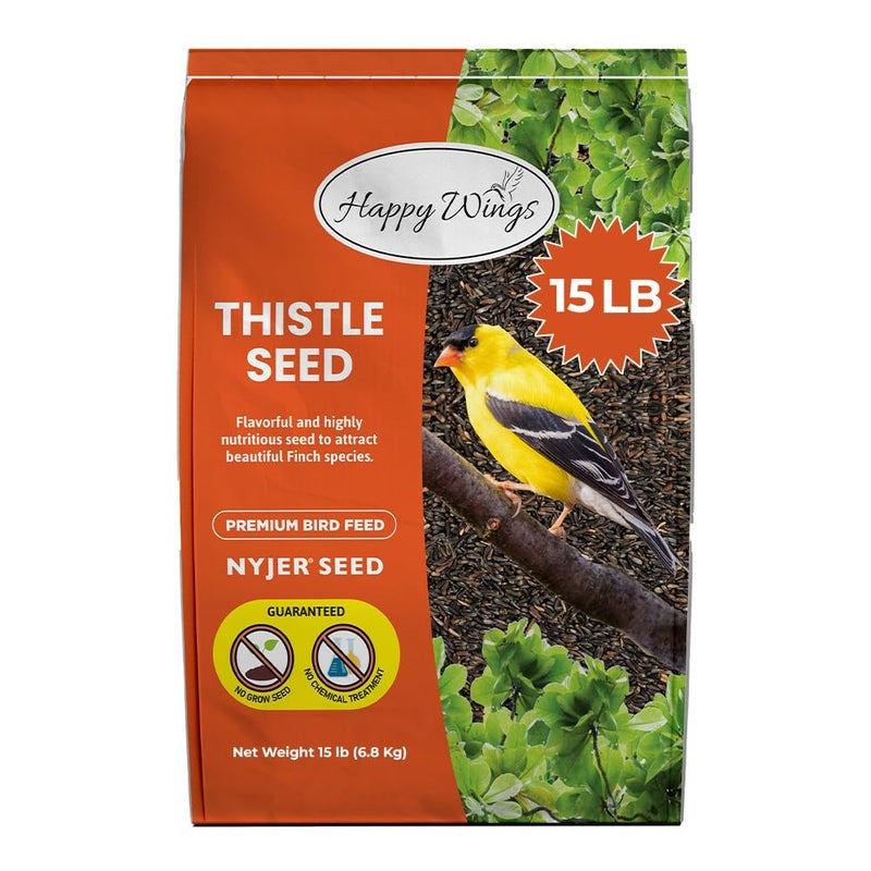 Happy Wings Nyjer Thistle Seeds for Wild Birds 15 lbs No Grow Premium Bird Seed Attracts Finches, Goldfinches, Ideal for Year-Round Feeding High in Protein and Energy. - Image 1